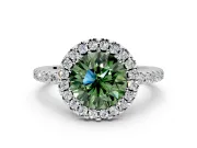Pave Halo Engagement Ring Setting for Fancy Green Round Cut Center with Single Row Pave Band and Prong Head in White Gold