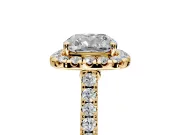 Halo Engagement Ring Setting for Cushion Cut Center with Narrowing Pave Band and Prong Head in Yellow Gold