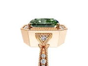 Halo Engagement Ring Setting for Fancy Green Radiant Cut Center with Milgrain Rim, Pave Band and Prong Head in Rose Gold