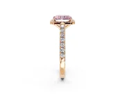 Halo Engagement Ring Setting for Fancy Pink Radiant Cut Center with Full Pave Band and Prong Head in Rose Gold