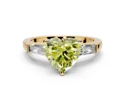 3 Stone Engagement Ring Setting for Fancy Yellow Heart-Shaped Center with Tapered Baguettes, Plain Band and Prong Head in Yellow Gold