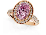 Milgrain Halo Engagement Ring Setting for Fancy Pink Oval Center with Three-Sided Pave Band and Prong Head in Rose Gold