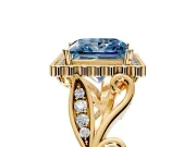 Halo Engagement Ring Setting for Fancy Blue Princess Cut Center with Leaf Motif Split Shank and Prong Head in Yellow Gold