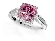 Cathedral Engagement Ring Setting for Fancy Pink Cushion Cut Center with Antique-Style Pave Band and Prong Head in White Gold