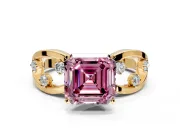 Solitaire Engagement Ring Setting for Fancy Pink Asscher Cut Center with Criss-Cross Accent Band and Prong Head in Yellow Gold