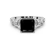 Solitaire Engagement Ring Setting for Fancy Black Princess Cut Center with Filigree Band and Prong Head in White Gold