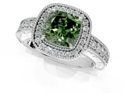 Milgrain Halo Engagement Ring Setting for Fancy Green Cushion Cut Center with Pave Band and Prong Head in Platinum