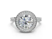 Halo Engagement Ring Setting for Round Cut Center with Milgrain Frame, Pave Band and Prong Head in Platinum