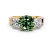 3 Stone Engagement Ring Setting for Fancy Green Round Cut Center with Matching Side Accents and Prong Head in Yellow Gold