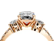 3 Stone Engagement Ring Setting for Emerald Cut Center with Round Cut Side Accents and Prong Head in Rose Gold