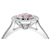 Halo Engagement Ring Setting for Fancy Pink Pear-Shaped Center with Milgrain Pave Band and Bezel Head in White Gold