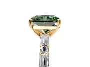 Baguette Engagement Ring Setting for Fancy Green Radiant Cut Center with Alternating Bar-Set Band and Prong Head in Yellow Gold