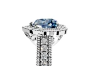 Milgrain Halo Engagement Ring Setting for Fancy Blue Heart-Shaped Center with Pave Band and Prong Head in Platinum