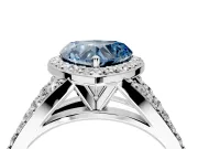 Halo Engagement Ring Setting for Fancy Blue Heart-Shaped Center with Narrow Pave Split Shank and Prong Head in Platinum