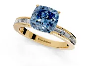 Solitaire Engagement Ring Setting for Fancy Blue Cushion Cut Center with Channel Baguette Band and Prong Head in Yellow Gold