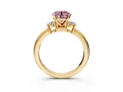 3 Stone Engagement Ring Setting for Fancy Pink Round Cut Center with Wide Plain Band and Prong Head in Yellow Gold