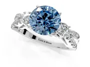 3 Stone Engagement Ring Setting for Fancy Blue Round Cut Center with Pave Split Shank and Prong Head in Sterling Silver