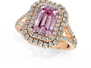 Double Halo Engagement Ring Setting for Fancy Pink Emerald Cut Center with Narrow Pave Split Shank and Prong Head in Rose Gold