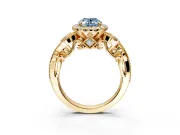 Milgrain Halo Engagement Ring Setting for Fancy Blue Oval Center with Shoulder Bezels and Prong Head in Yellow Gold