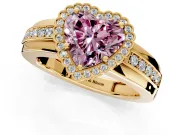 Halo Engagement Ring Setting for Fancy Pink Heart-Shaped Center with Wide Band, Inlaid Accent Row and Prong Head in Yellow Gold