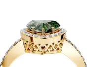 Halo Engagement Ring Setting for Fancy Green Heart-Shaped Center with Heart-Shaped Openwork, Pave Band and Prong Head in Yellow Gold