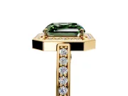 Halo Engagement Ring Setting for Fancy Green Asscher Cut Center with Framed Halo, Pave Band and Prong Head in Yellow Gold