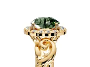 Halo Engagement Ring Setting for Fancy Green Round Cut Center with Open Scroll Shoulders and Prong Head in Yellow Gold