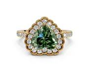 Milgrain Floral Halo Engagement Ring Setting for Fancy Green Heart-Shaped Center with Pave Band and Prong Head in Yellow Gold