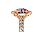 Halo Engagement Ring Setting for Fancy Pink Round Cut Center with Milgrain Pave Band and Bezel Head in Rose Gold