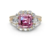 Halo Engagement Ring Setting for Fancy Pink Asscher Cut Center with Two-Strand Split Shank and Prong Head in Yellow Gold