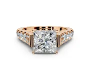 Solitaire Engagement Ring Setting for Princess Cut Center with Pave Cathedral Shoulders and Prong Head in Rose Gold