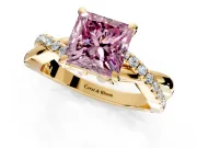 Solitaire Engagement Ring Setting for Fancy Pink Princess Cut Center with Half-Pave Crossover Band and Prong Head in Yellow Gold