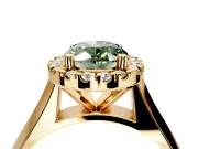 Halo Engagement Ring Setting for Fancy Green Oval Center with Square Band and Prong Head in Yellow Gold