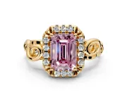 Halo Engagement Ring Setting for Fancy Pink Emerald Cut Center with Open Scroll Shoulders and Prong Head in Yellow Gold