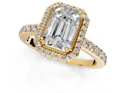 Halo Engagement Ring Setting for Emerald Cut Center with Inner Milgrain Border and Prong Head in Yellow Gold