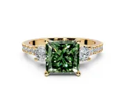 3 Stone Engagement Ring Setting for Fancy Green Princess Cut Center with Round Cut Side Accents and Prong Head in Yellow Gold