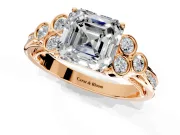 Cluster Engagement Ring Setting for Asscher Cut Center with Bezel Accent Clusters and Prong Head in Rose Gold