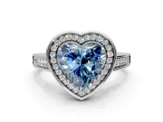 Halo Engagement Ring Setting for Fancy Blue Heart-Shaped Center with Outer Bezel Rim, Pave Band and Prong Head in Sterling Silver
