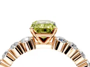 Shared-Prong Engagement Ring Setting for Fancy Yellow Emerald Cut Center with Graduated Accents and Prong Head in Rose Gold