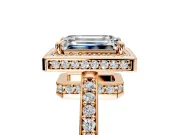 Halo Engagement Ring Setting for Emerald Cut Center with Metal-Rimmed Halo, Pave Band and Prong Head in Rose Gold