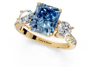 3 Stone Engagement Ring Setting for Fancy Blue Radiant Cut Center with Crossover Basket, Pave Band and Prong Head in Yellow Gold
