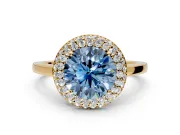 Halo Engagement Ring Setting for Fancy Blue Round Cut Center with Plain Tapered Band and Prong Head in Yellow Gold