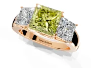 3 Stone Engagement Ring Setting for Fancy Yellow Princess Cut Center with Raised Basket Heads and Prong Head in Rose Gold