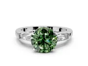 3 Stone Engagement Ring Setting for Fancy Green Round Cut Center with Tapered Baguettes, Plain Band and Prong Head in White Gold
