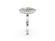 Halo Engagement Ring Setting for Fancy Yellow Oval Center with Milgrain Bezel Rim, Plain Band and Prong Head in White Gold