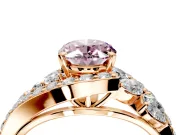 Halo Engagement Ring Setting for Fancy Pink Oval Center with Marquise and Pave Bypass Band and Prong Head in Rose Gold