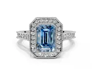 Halo Engagement Ring Setting for Fancy Blue Emerald Cut Center with Milgrain Pave Band and Bezel Head in Platinum