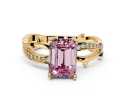 Solitaire Engagement Ring Setting for Fancy Pink Emerald Cut Center with Pave and Plain Crossover Band and Prong Head in Yellow Gold