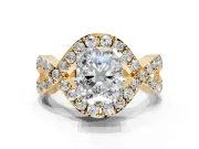 Halo Engagement Ring Setting for Radiant Cut Center with Pave Infinity Twist Band and Prong Head in Yellow Gold