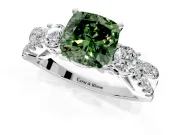 3 Stone Engagement Ring Setting for Fancy Green Cushion Cut Center with Pave Split Shank and Prong Head in Sterling Silver
